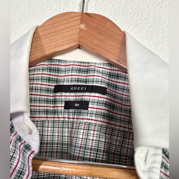 Vintage Slim Fit Gucci Green with Red Plaid White Collared Button Down size 39 - Picture 4 of 7